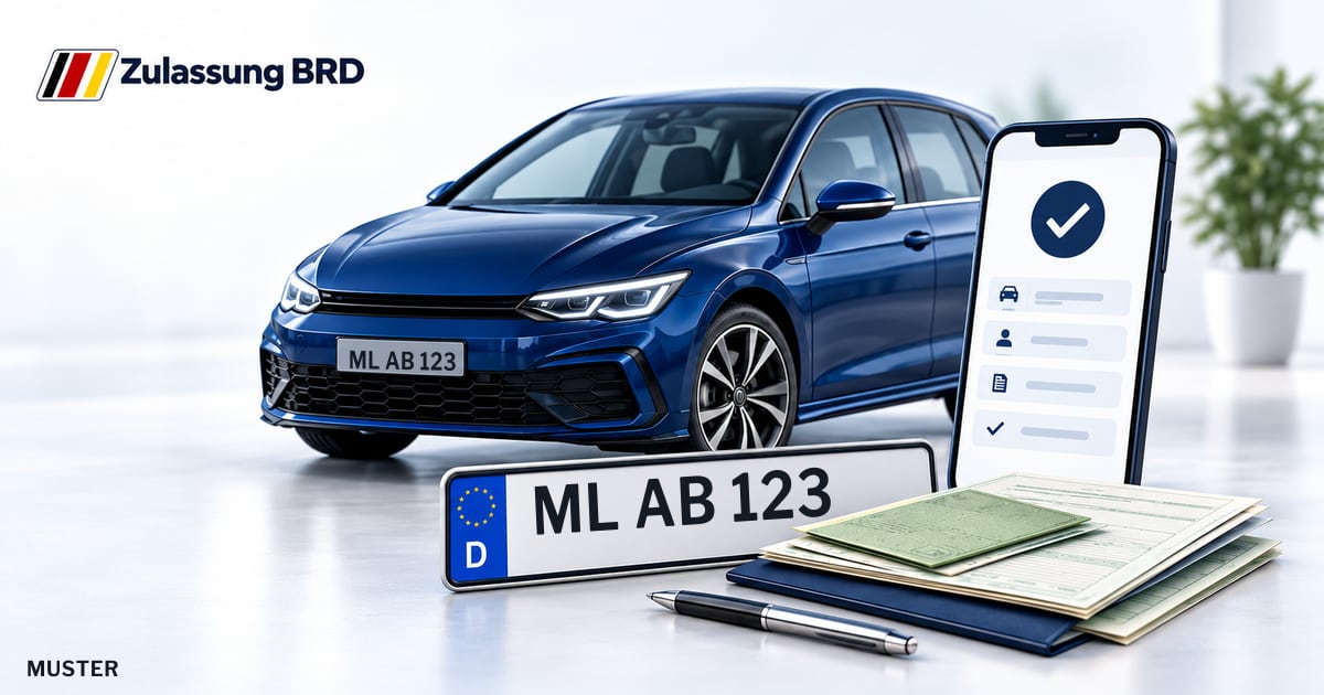 Online Fahrzeugzulassung in Sangerhausen: Musterkennzeichen ML AB 123, Auto und Fahrzeugpapiere und Smartphone. Illustration mit Logo von Zulassung BRD.